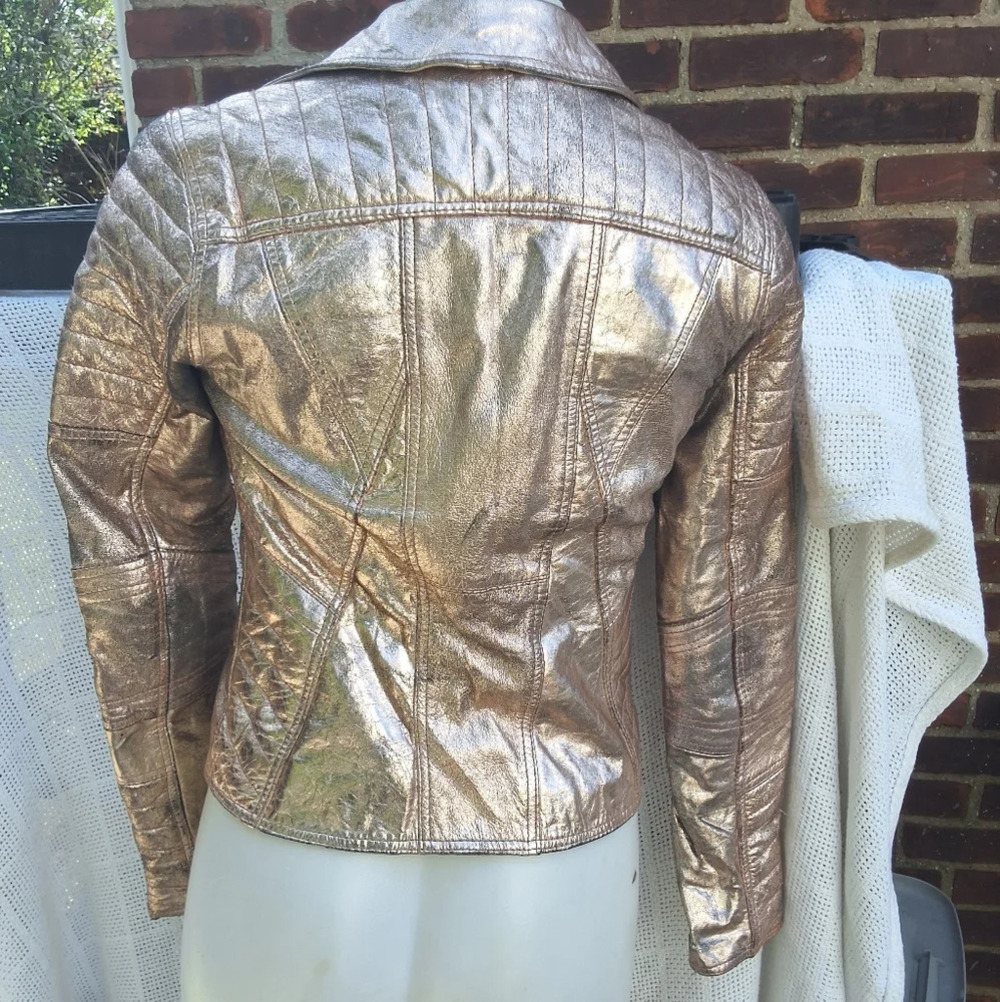River Island Distressed Rose/ Gold leather bomber jacket S UK8 - Picture 8 of 16
